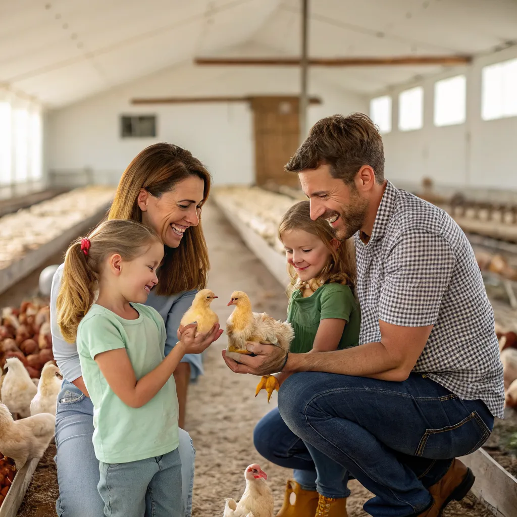Family enjoying chicken farm experience