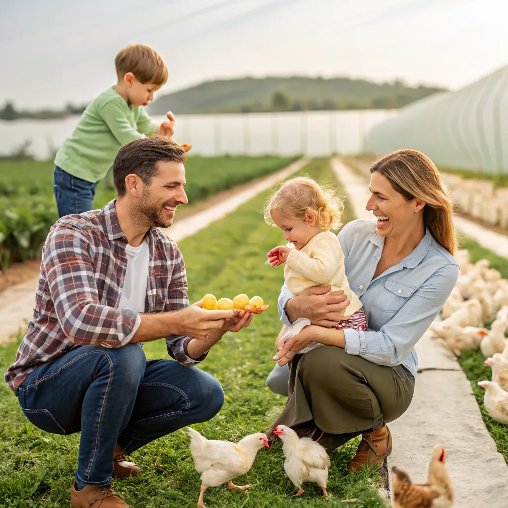 Family enjoying chicken farm experience